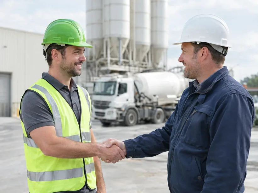 A PRASPEKT team member shaking hands with a customer at a cement terminal