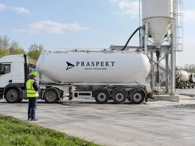 A cement tanker unloading at a concrete plant